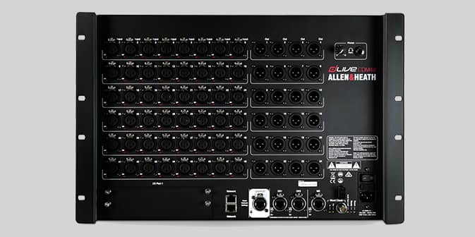 A front view of the dLive C Class MixRack, a compact 48-port, rack-mount audio interface.