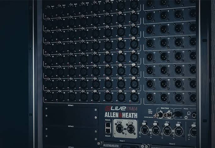 A close-up view of the Allen & Heath dLive 64-port MixRack.