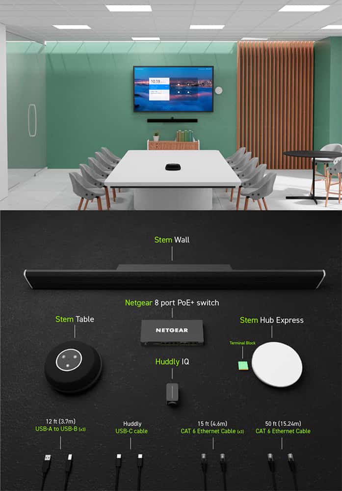 A display of products included in the Shure Stem Mid-Sized Room Speakerphone Kit