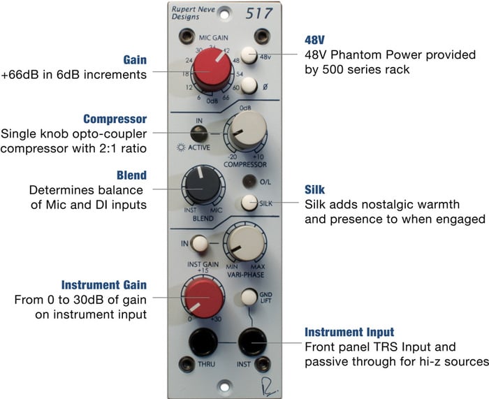 Rupert Neve Designs 517 Mic Pre / DI / Compressor 500 Series Microphone Preamp And Compressor