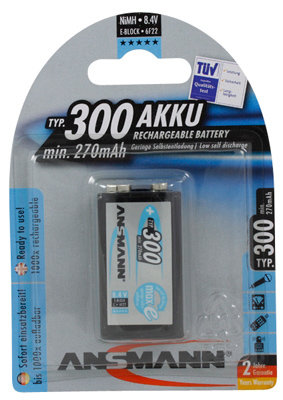 Ansmann 9V-RECHARGEABLES-300 9V Rechargeables 300 Rechargable 300 MAh 9-Volt Battery