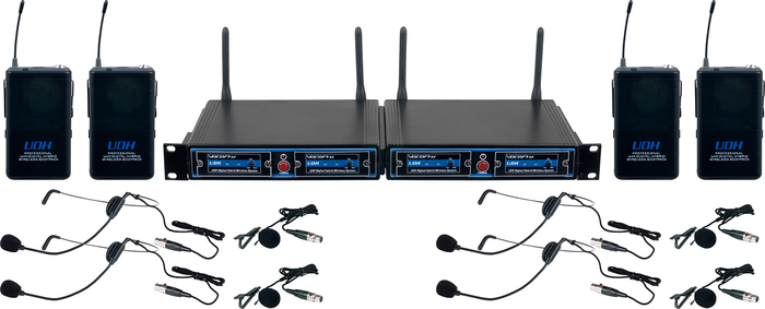 VocoPro UDH-PLAY-4-MIB Four Channel UHF/DSP Hybrid Bodypack Wireless Microphone Package, Includes Bag