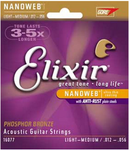 Elixir 16077 Medium Light Phosphor Bronze Acoustic Guitar Strings With NANOWEB Coating