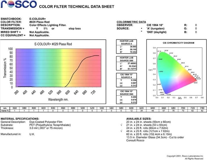 Rosco E-Colour #029 Filter 21"x24" Sheet, Plasa Red