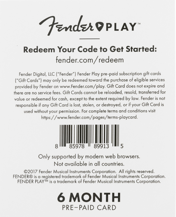 Fender Play 6 Month - Card 6 Month Prepaid Card Subscription To Fender Play Guitar Lessons