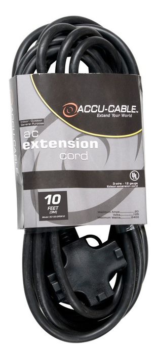 Accu-Cable EC-123-3FER10 10' 12AWG Power Extension Cord With Triple Tap Outlet