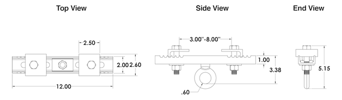 Adaptive Technologies Group BC3-8 12" Channel Style Beam Clamp For 3-8" Beams, 2100lb WLL