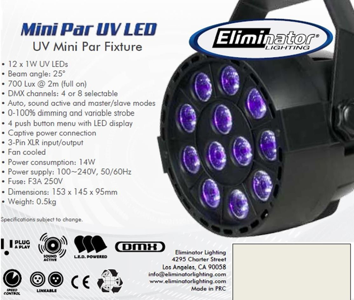 Eliminator Lighting MINI-PAR-UV-LED 12x 1 Watt UV LED PAR Fixture