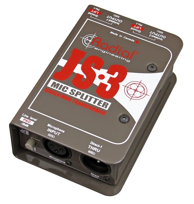 Radial Engineering JS3 Mic Splitter, Passive, 1 Input, 1 Direct Output And 2 Jensen Isolated Outputs