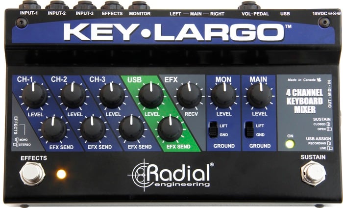 Radial Engineering Key-Largo Keyboard Mixer, 3 Stereo Inputs, Effects Bus, USB, Balanced XLR Outputs