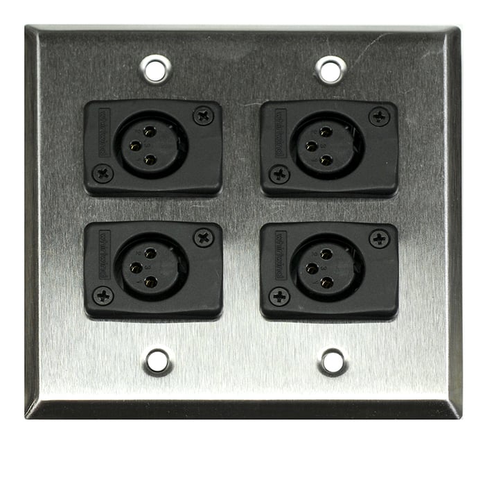 Whirlwind WP2/4FW Dual Gang Wallplate With 4 WC3F XLRF Connectors, Silver