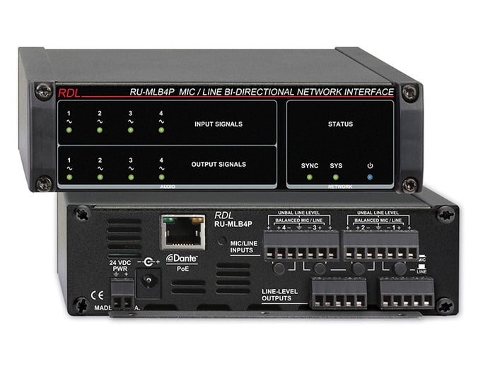 RDL RU-MLB4P Network Interface, 4  Mic/Line Ins, Dante In, 4 Balance Outs, Dante Out, PoE
