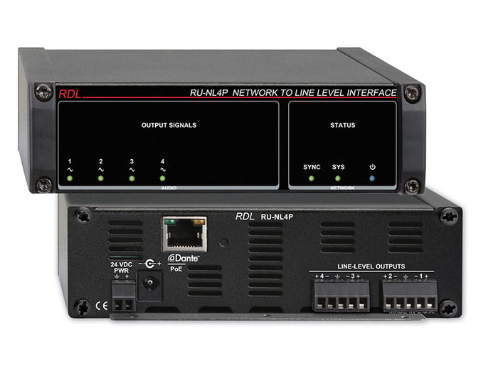 RDL RU-NL4P Network To Line Level Interface, Dante Input, 4 Balanced Line Outputs, With PoE