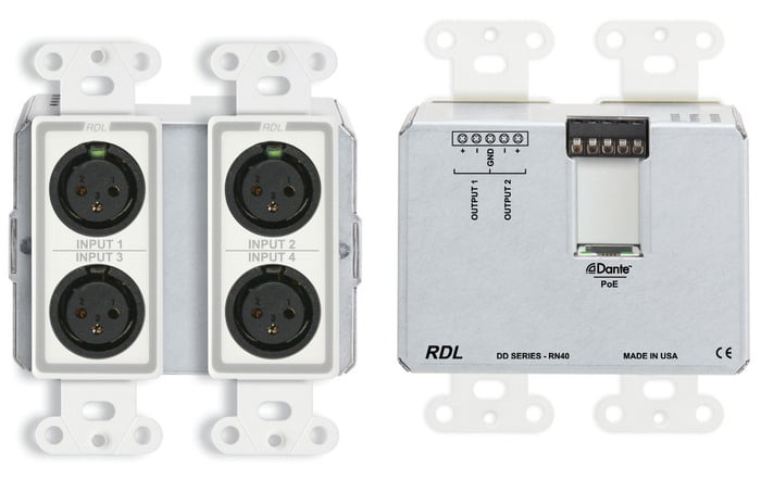 RDL DD-RN40 Wall-Mounted Dante Interface, 4 XLR In, 2 Terminal Block Out, White