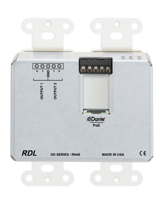 RDL DD-RN40 Wall-Mounted Dante Interface, 4 XLR In, 2 Terminal Block Out, White