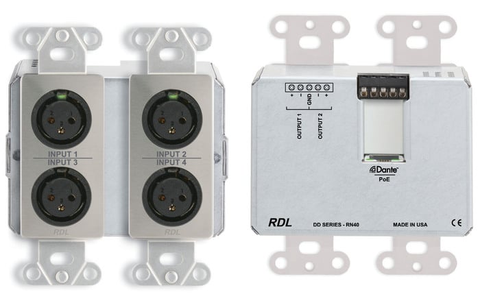 RDL DDS-RN40 Wall-Mounted Dante Interface, 4 XLR In, 2 Terminal Block Out, Stainless Steel