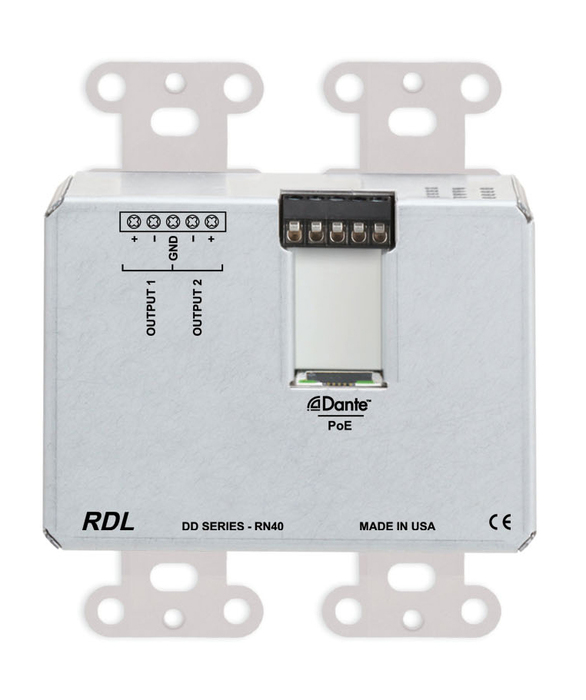 RDL DDS-RN40 Wall-Mounted Dante Interface, 4 XLR In, 2 Terminal Block Out, Stainless Steel