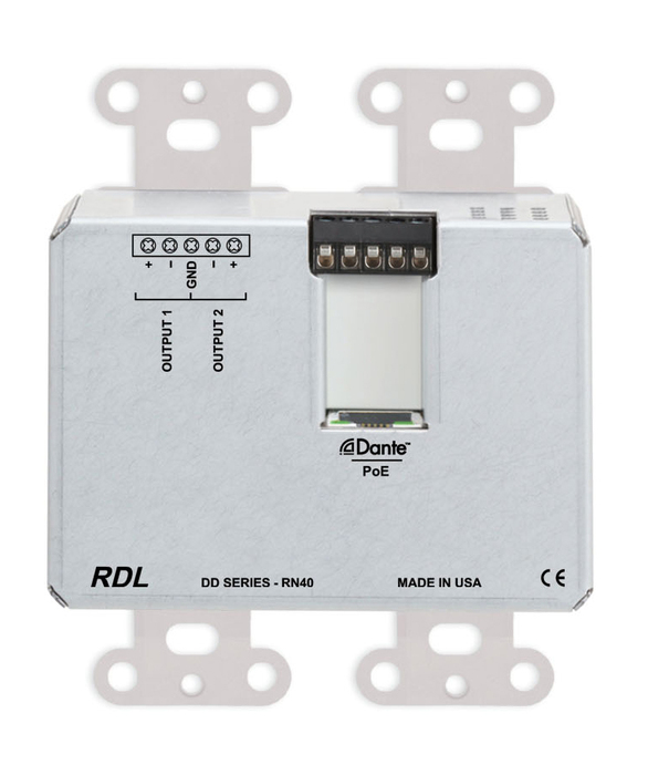 RDL DDS-RN40C Wall-Mounted Dante Interface, 4 XLR In, 2 T Block Out, Custom, Stainless Steel