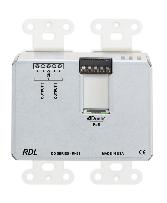 RDL DD-RN31C Wall-Mounted Dante Interface, 2 XLR In, 2 RCA In, 1/8 In, 1/8 Out, 2 Out, Custom Label