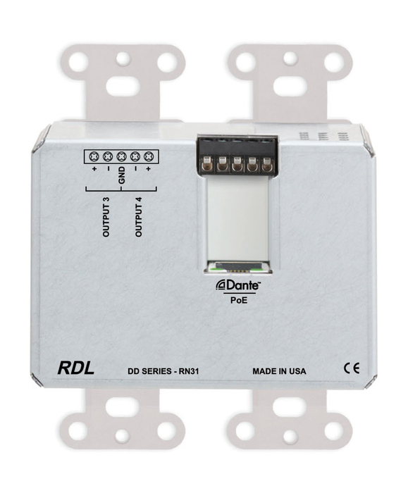 RDL DDS-RN31C Wall-Mounted Dante Interface, 2 XLR In, 2 RCA In, 1/8 In, 1/8 Out, 2 Out, Stainless Steel