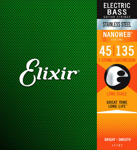 Elixir 14782 Stainless Steel (5 String) Bass Strings With NANOWEB. Medium