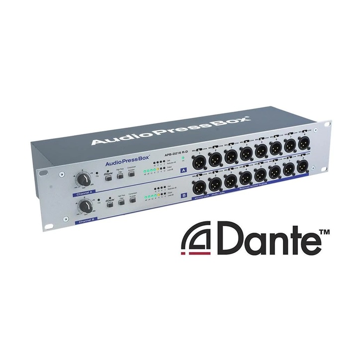 Audio Press Box APB-D216-R-D Active, RACK, 2Ch Dante/Line In,16 LINE/MIC Out, Out For Exp