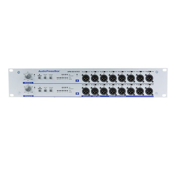 Audio Press Box APB-D216-R-D Active, RACK, 2Ch Dante/Line In,16 LINE/MIC Out, Out For Exp