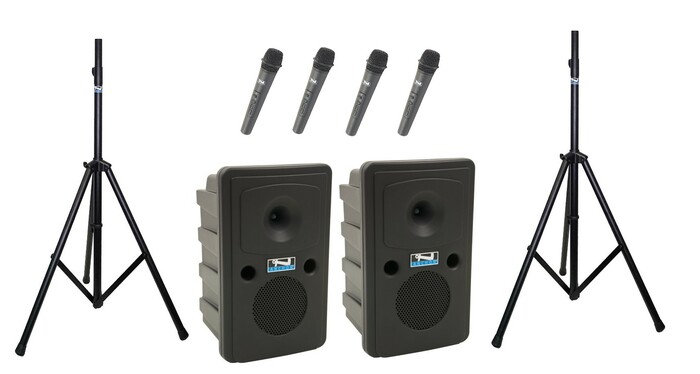 Anchor Go Getter COPM-4 1x 80W U4 Powered Speaker, 1x Companion Speaker, 4x Wireless Microphones And 2x Stands