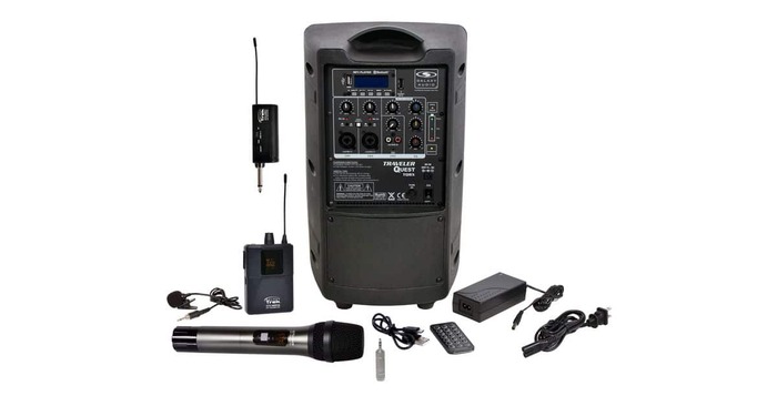 Galaxy Audio Traveler Quest 8X-GTU-VHP5AB 8" 150W PA Speaker With Handheld Wireless Microphone, Bodypack Transmitter And Lavalier Microphone