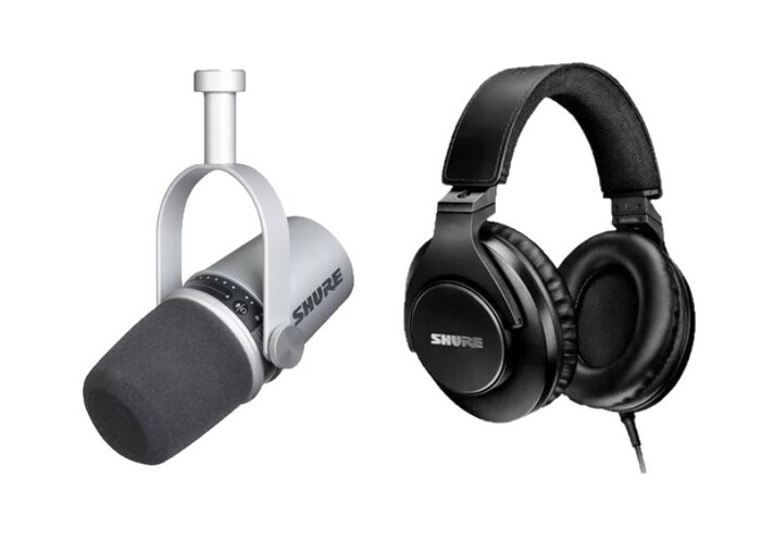 Shure Silver MV7 Headphones Bundle Silver MV7 Podcast Microphone And SRH440A Studio Headphones