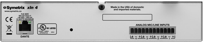 Symetrix XIN-4 Dante I/O Endpoint, 4 Mic/line In, 0x4 Dante, PoE, 1/2 Rack Width