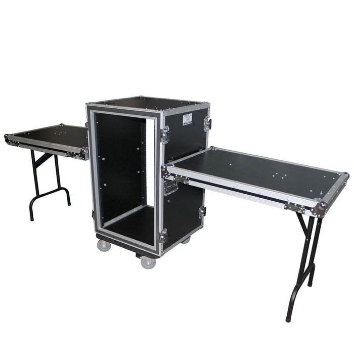ProX T-14RSPWDST 14U, 20" Deep Shockproof Vertical Rack With Casters And Two Side Tables