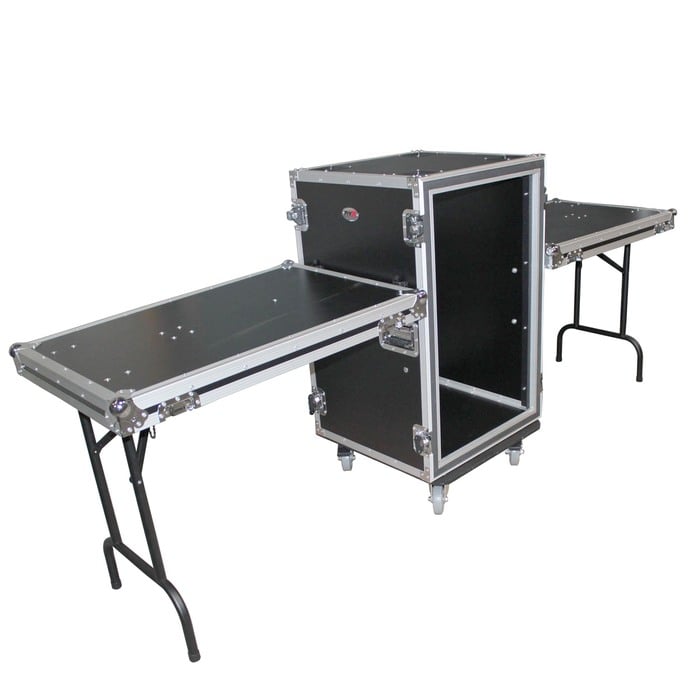 ProX T-14RSP24WDST 14U, 24" Deep Shockproof Vertical Rack With Casters And Two Side Tables