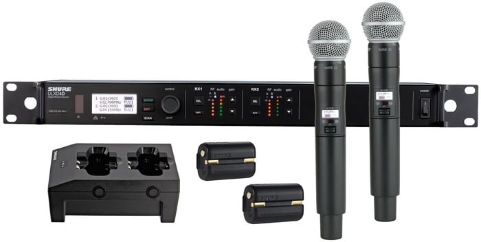 Shure ULXD24D/SM58-G50 ULXD Dual Channel Handheld Wireless Bundle With 2 SM58 Mics, 2 Batteries, Charger, In G50 Band