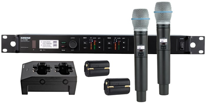 Shure ULXD24D/B87A-G50 ULXD Dual Channel Handheld Wireless Bundle With 2 B87A Mics, 2 Batteries, Charger, In G50 Band