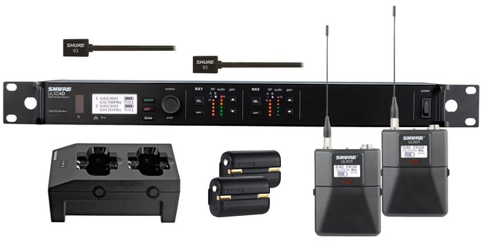 Shure ULXD14D/93-G50 ULXD Dual Channel Lavalier Wireless Bundle With 2 Bodypacks, 2 WL93 Mics, 2 Batteries And Charger, In G50 Band