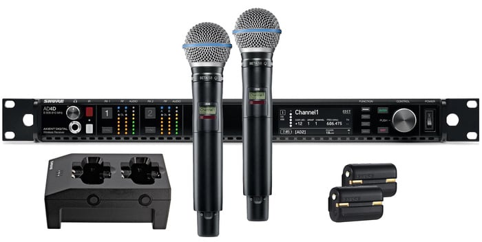 Shure AD24D/B58-G57 Axient Dual Channel Handheld Wireless Bundle With 2 B58 Mics, 2 Batteries, Charger, In G57 Band