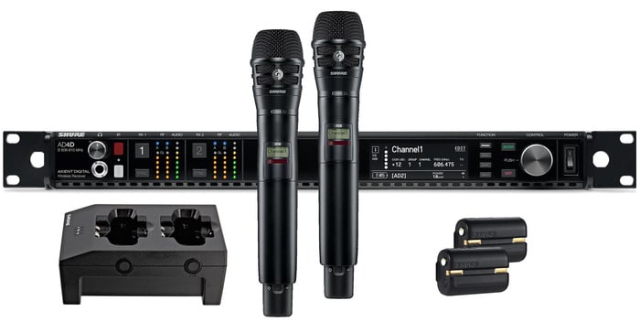 Shure AD24D/KSM8B-G57 Axient Dual Channel Handheld Wireless Bundle With 2 KSM8B Mics, 2 Batteries, Charger, In G57 Band