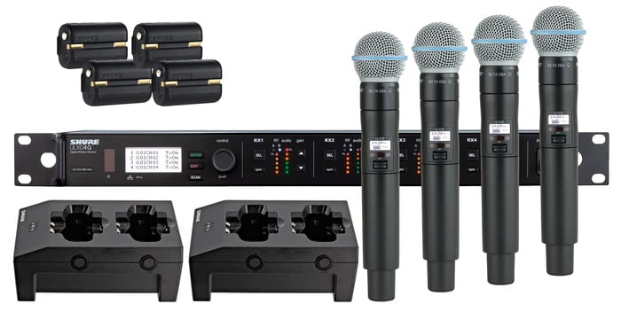 Shure ULXD24Q/B58-G50 ULXD Quad Channel Handheld Wireless Bundle With 4 B58 Mics, 4 Batteries, 2 Chargers, In G50 Band