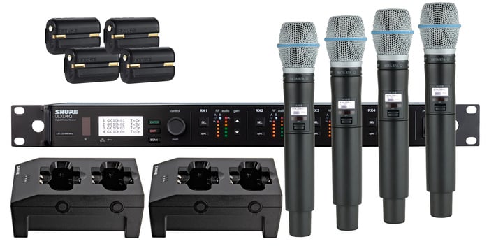 Shure ULXD24Q/B87A-G50 ULXD Quad Channel Handheld Wireless Bundle With 4 B87A Mics, 4 Batteries, 2 Chargers, In G50 Band