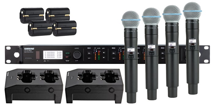 Shure ULXD24Q/B58-H50 ULXD Quad Channel Handheld Wireless Bundle With 4 B58 Mics, 4 Batteries, 2 Chargers, In H50 Band