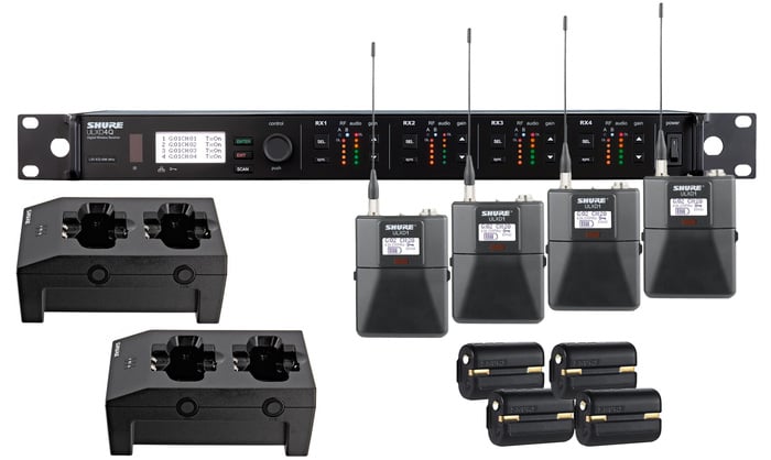 Shure ULXD14Q-G50 ULXD Quad Channel Wireless Bundle With 4 Bodypacks, 4 Batteries And 2 Chargers, In G50 Band