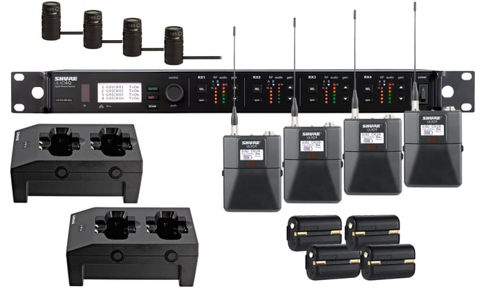 Shure ULXD14Q/85-H50 ULXD Quad Channel Lavalier Wireless Bundle With 4 Bodypacks, 4 WL185 Mics, 4 Batteries And 2 Chargers, In H50 Band