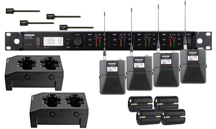 Shure ULXD14Q/93-H50 ULXD Quad Channel Lavalier Wireless Bundle With 4 Bodypacks, 4 WL93 Mics, 4 Batteries And 2 Chargers, In H50 Band