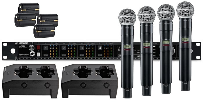 Shure AD24Q/SM58-G57 Axient Quad Channel Handheld Wireless Bundle With 4 SM58 Mics, 4 Batteries, 2 Chargers, In G57 Band