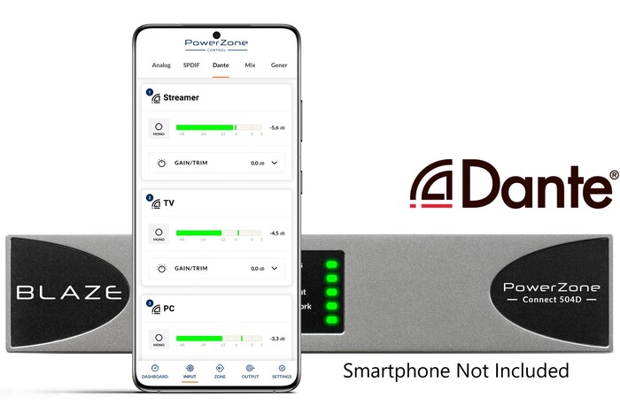 Blaze Audio PowerZone Connect 504D Compact 14 Input 500W Max 4-channel Dante-enabled Networkable Matrix Smart Amplifier With Onboard  Mixing, DSP, Wi-Fi, Control And Powersharing