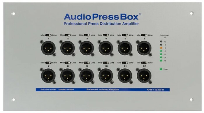 Audio Press Box APB-112 IW-D-US Active In Wall AudioPressBox Unit With1 Channel DANTE Input And 12 Line/Mic Outputs