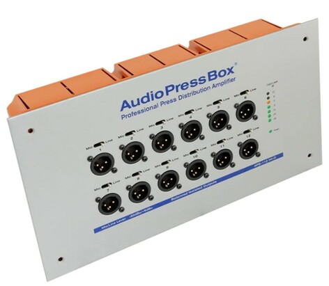 Audio Press Box APB-112 IW-D-US Active In Wall AudioPressBox Unit With1 Channel DANTE Input And 12 Line/Mic Outputs