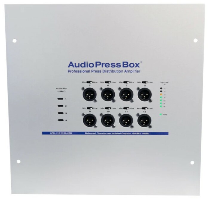 Audio Press Box APB-112 IW-D-USB-US In-Wall Active PoE AudioPressBox With 1-Channel DANTE Input, 8 Line/Mic Outputs And 4 USB-C Outputs