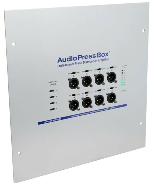 Audio Press Box APB-112 IW-D-USB-US In-Wall Active PoE AudioPressBox With 1-Channel DANTE Input, 8 Line/Mic Outputs And 4 USB-C Outputs